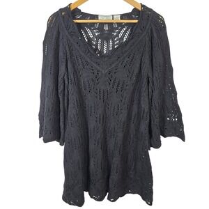Isabella's Closet Black Crochet Knit V-Neck Tunic Bell Sleeve Boho Top 1X